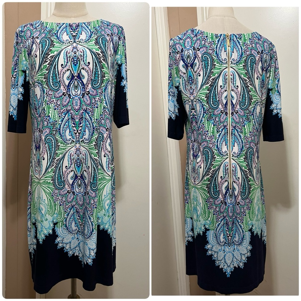 Eliza J Women Mini Dress Shift Paisley Crewneck 3/4 Sleeve Size 12 Career